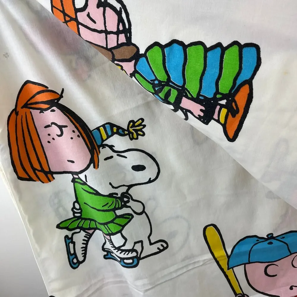 Vintage PEANUTS Charlie Sport Snoopy Flat Sheet 2 Pillow Montgomery Ward 81x104